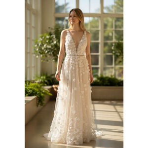 Mac Duggal Embellished Ivory and Peach Floral Appliqué Size 12 Style 22845 NWOT